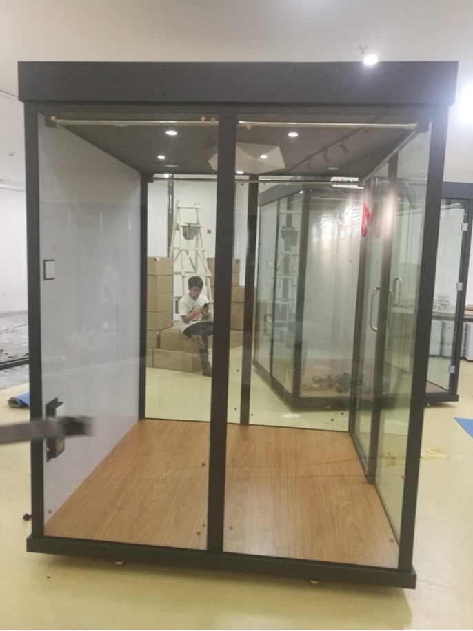 Telephone Booth with 3 Metal Walls 1 Glass Wall Sofa