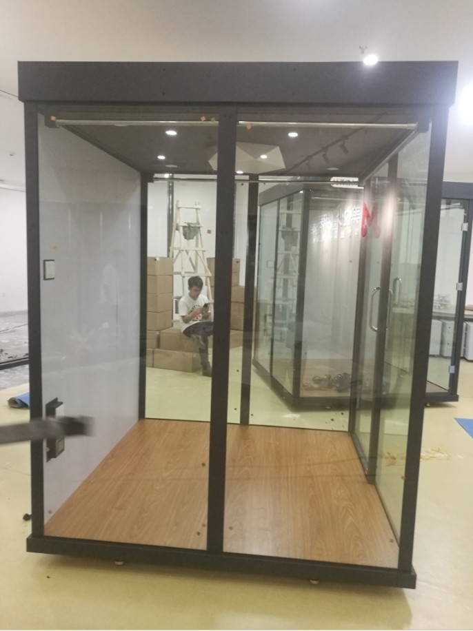 Telephone Booth with 3 Metal Walls 1 Glass Wall Sofa