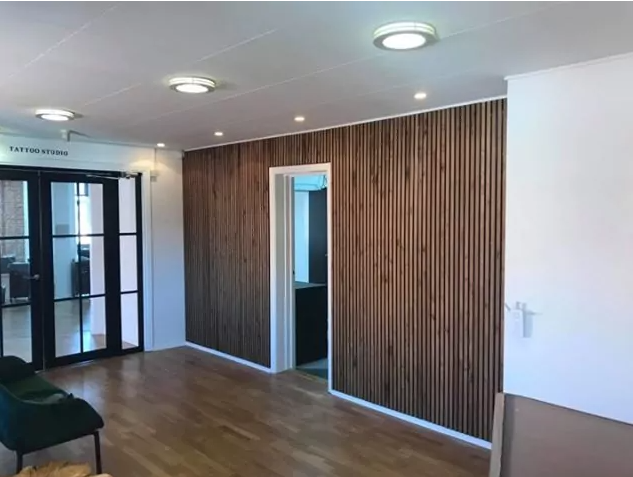 Interior wood slat wall acoustic panel