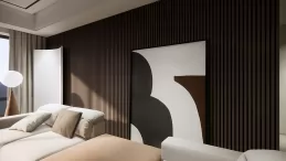 Decoration + sound absorption integration Akupanel wall slats wood